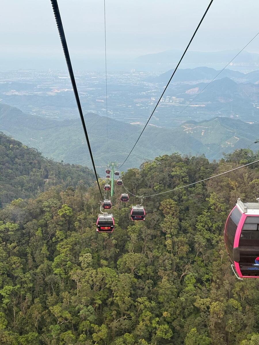 Aerial view of the Ba Na Hills cable car gondolas strung across the mountains