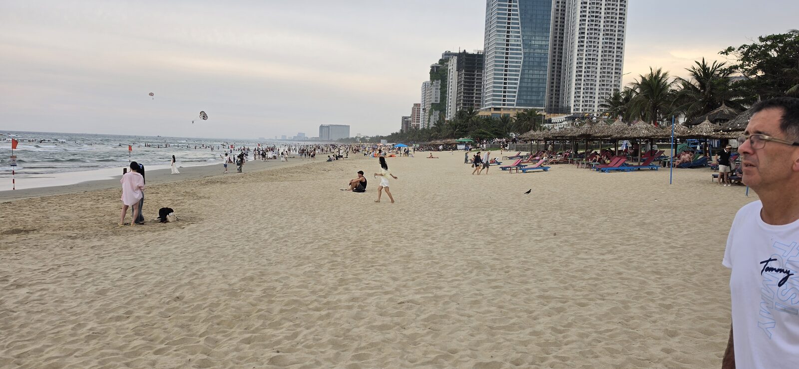 Da Nang Beach at dusk with hotel towers