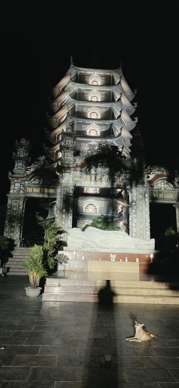 Linh Ung Pagoda tower lit up at night
